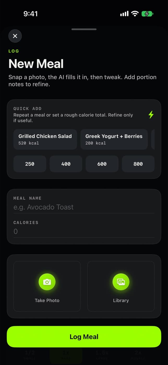 New Meal sheet with quick-add calorie presets
