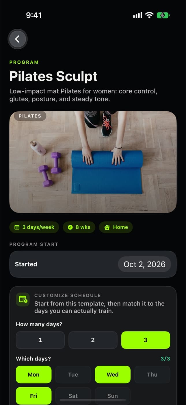 Pilates Sculpt program screen with day count and day picker