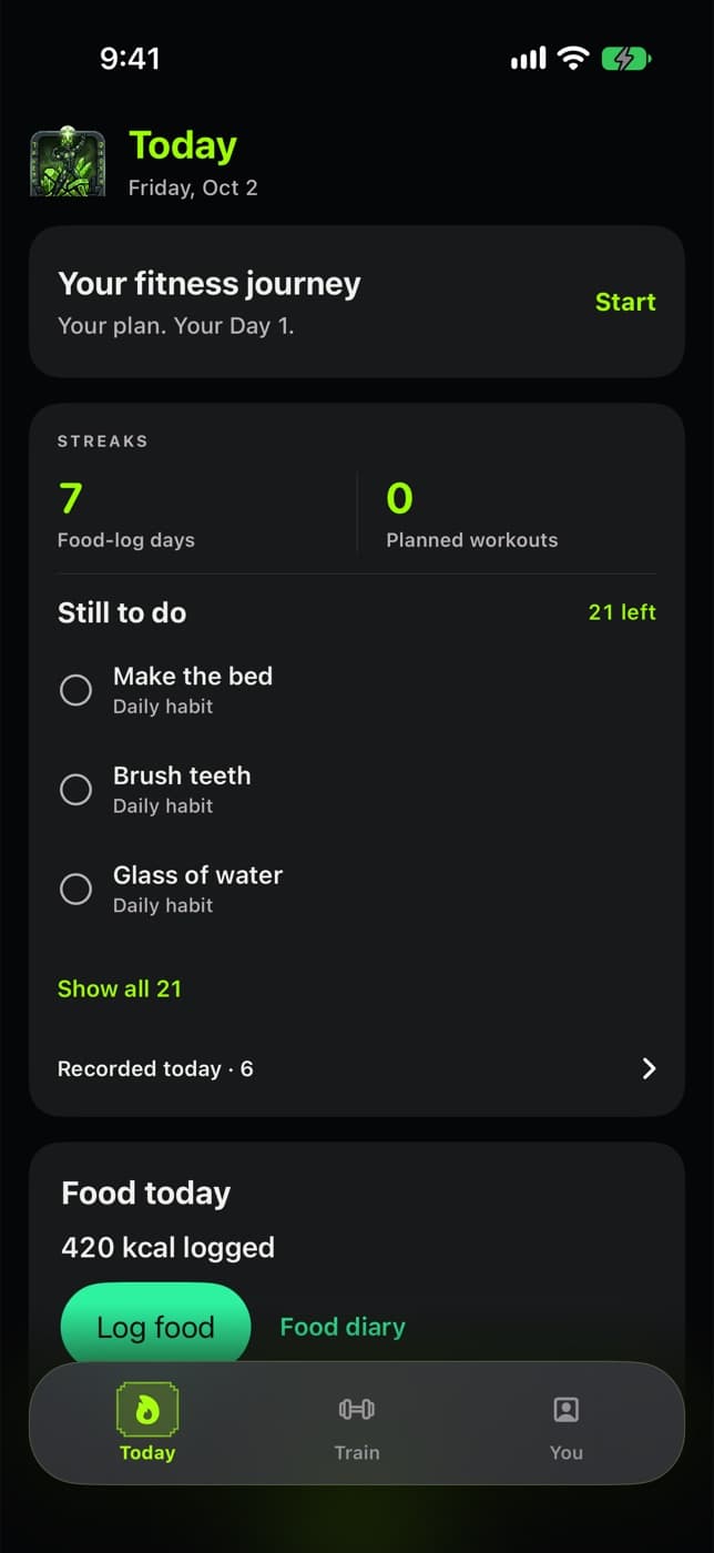 Today screen: streaks, still-to-do checklist, and food logged today